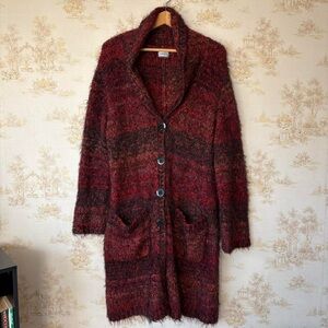 Vintage Chico’s whimsigoth burgundy red black wool maxi duster cardigan sweater